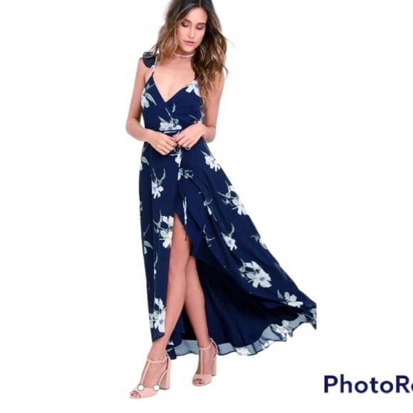 Lulus Dresses & Skirts - Lulu’s All Mine Navy Blue Floral Print 
High-Low Wrap Dress Size Small New